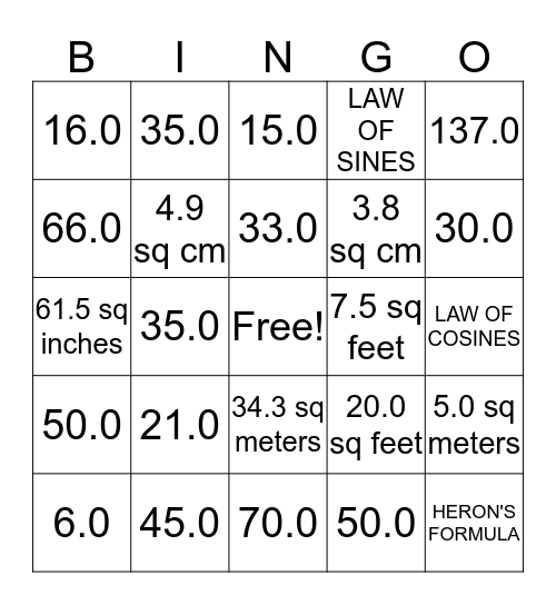 COSINES AND FORMULAS Bingo Card