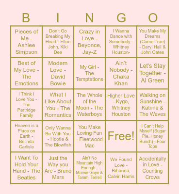 Kaitlin’s Favorite Love Songs Bingo Card