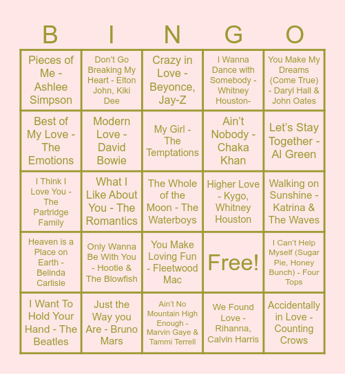 Kaitlin’s Favorite Love Songs Bingo Card