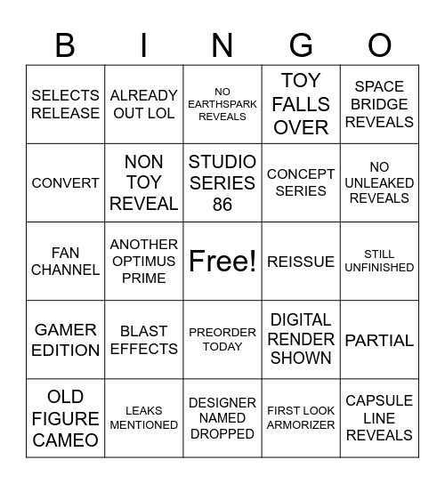 Transformers fanstream bingo Card