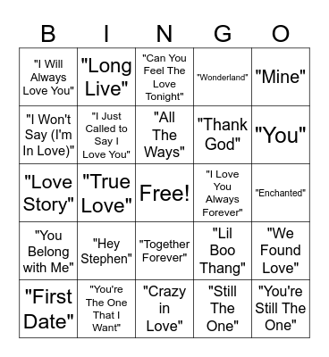 Love Songs Bingo Card