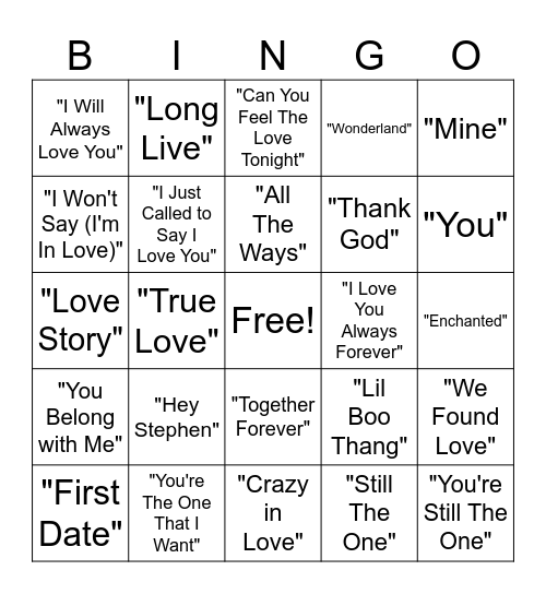 Love Songs Bingo Card