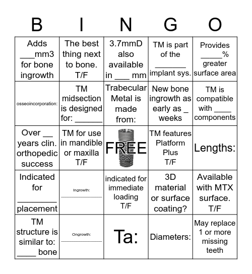 Trabecular Metal BINGO! Bingo Card