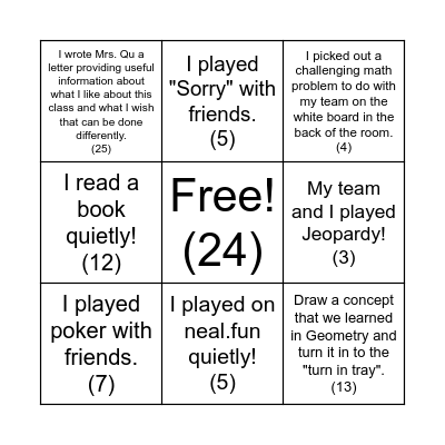 Geometry Party Bingo Card