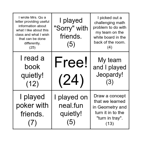 Geometry Party Bingo Card