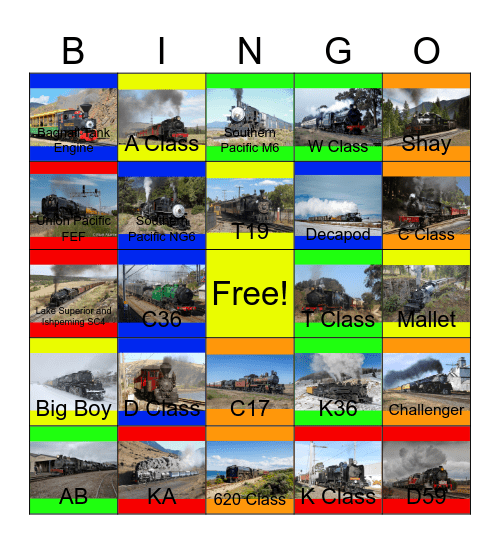 Colorado,South Dakota, Australia and New Zealand Steam Railways Bingo Card
