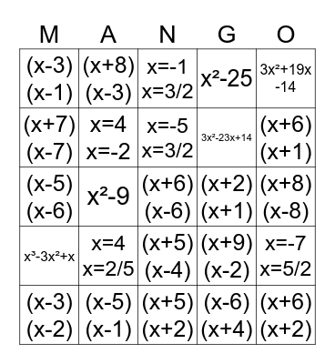 Term 7 Algebra Bingo Card