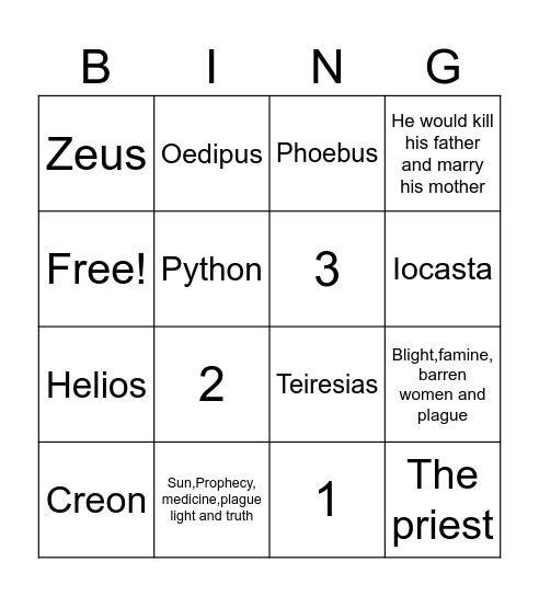 Oedipus and Apollo Bingo Card