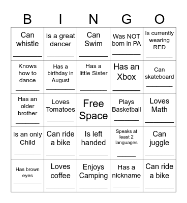 YOUTH HUMAN BINGO Card