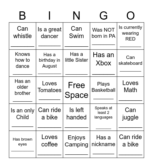 YOUTH HUMAN BINGO Card