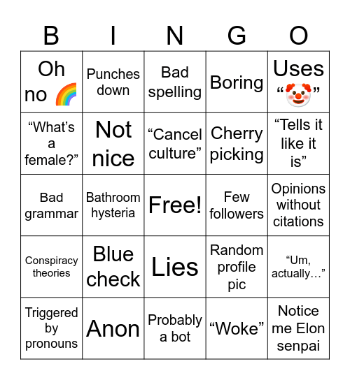 Insecure Troll Bingo Card