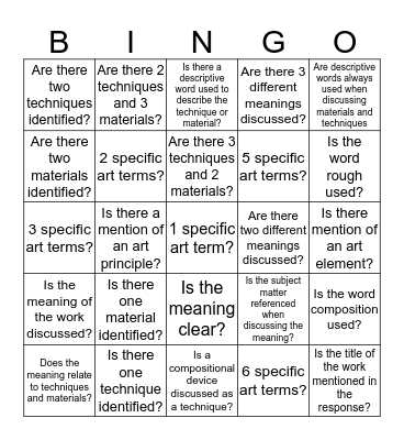 Studio Arts Yr 11 Bingo Card