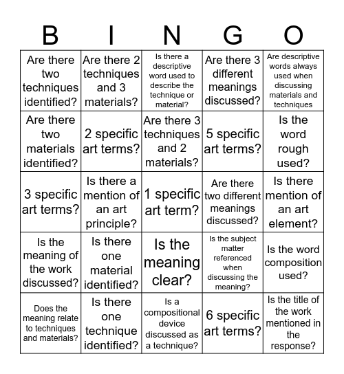 Studio Arts Yr 11 Bingo Card