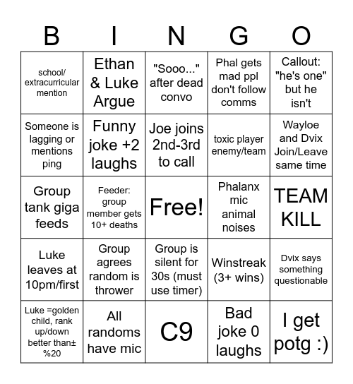 Friend Group - Overwatch Bingo Card