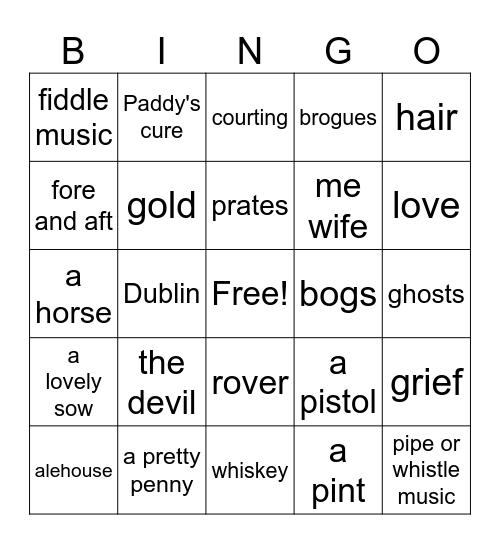 Irish Songs Vocab Bingo Card