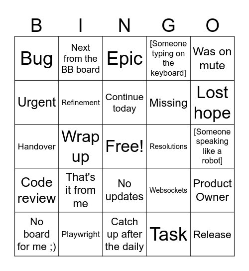 Daily Standup Bingo Card