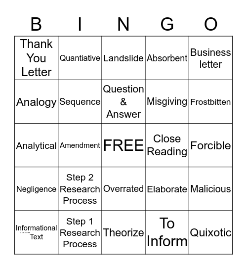 2nd Semester Test Prep Bingo Card