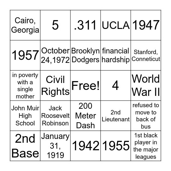 Jackie Robinson Bingo Card