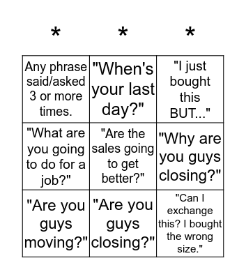 Closing Store Daily Bingo Card