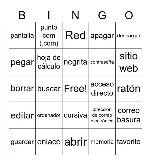 English-Spanish Technology Vocabulary Bingo Card