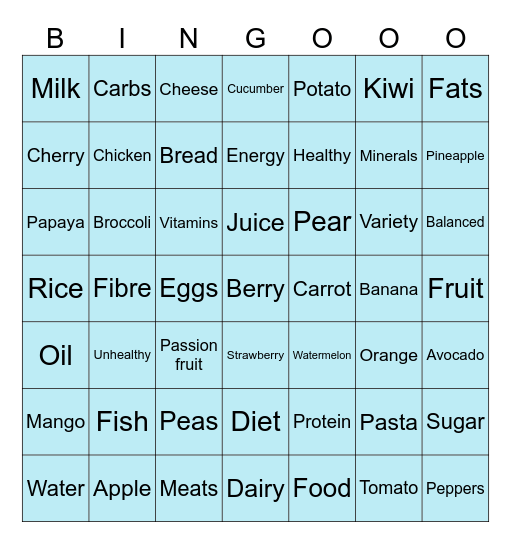 Healthy eating Bingo Card