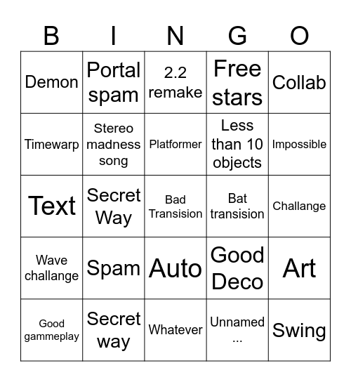 Recent TAB Bingo Card