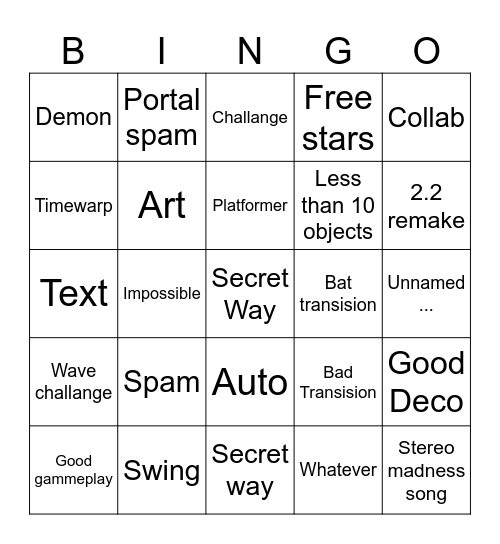 Recent TAB Bingo Card