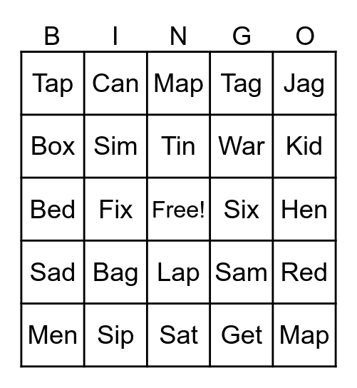 CVC Words Bingo Card