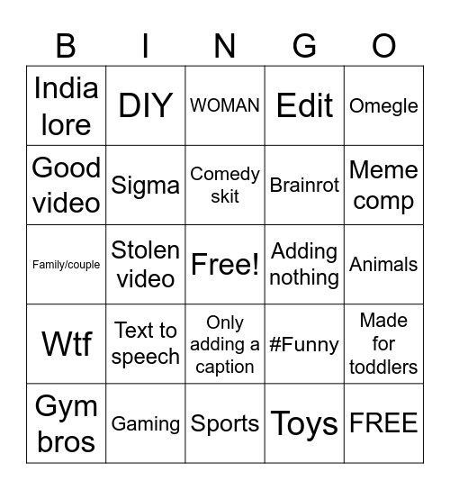 Youtube shorts bingo Card