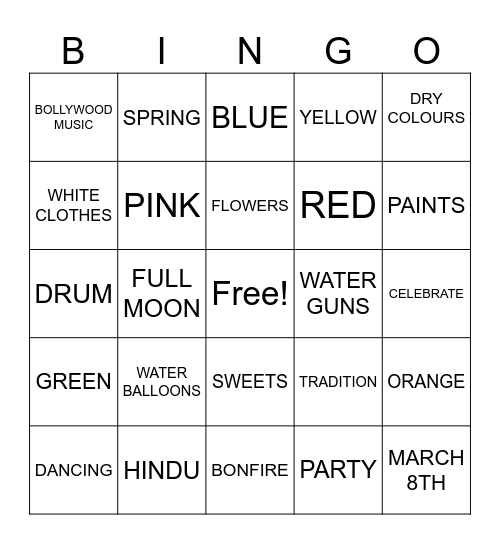 FESTIVAL OF COLOR Bingo Card