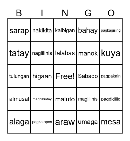 Mga Salitang May 3-4 Na Pantig Bingo Card