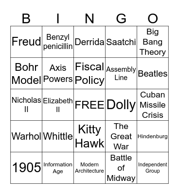 20th Century Bingo Card