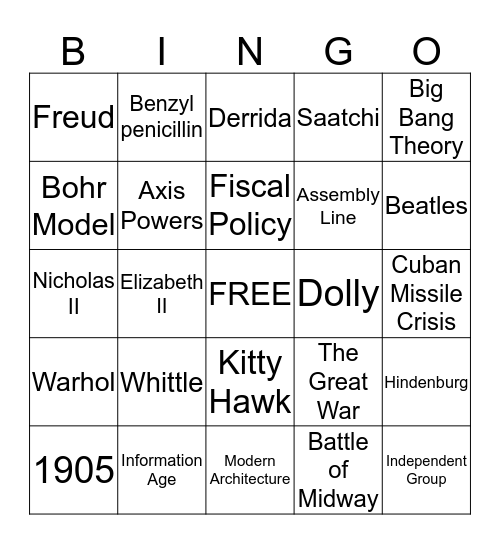 20th Century Bingo Card