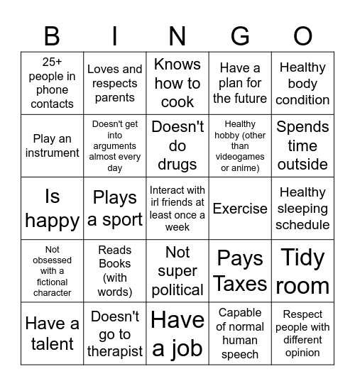 Normal Human Bingo Card