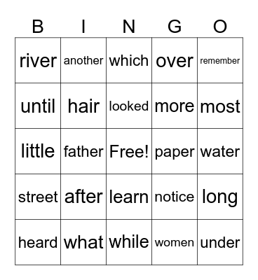High Frequency Word Bingo Card