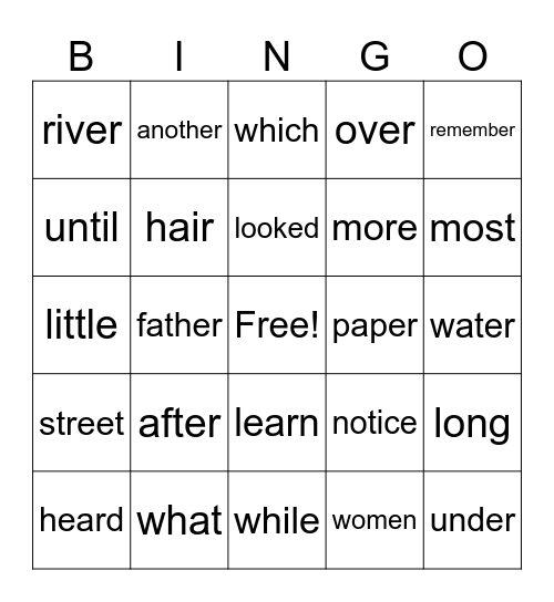 High Frequency Word Bingo Card