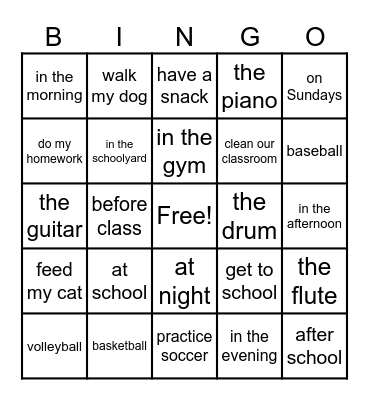 School Bingo Card