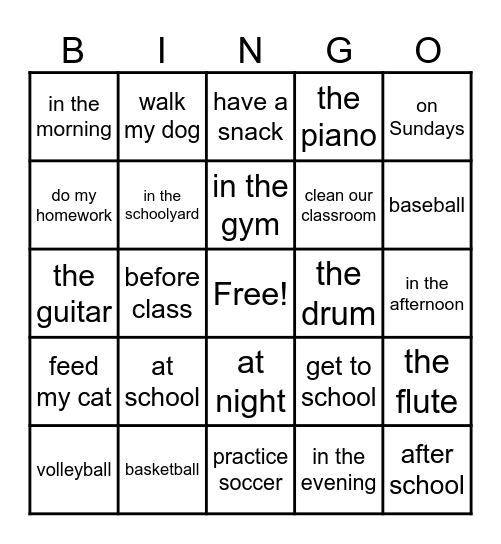 School Bingo Card