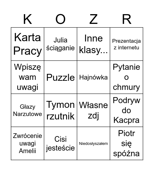 Kozar Bingo Card