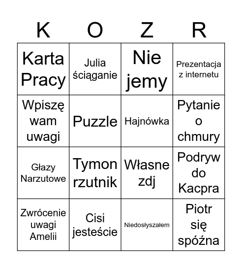 Kozar Bingo Card