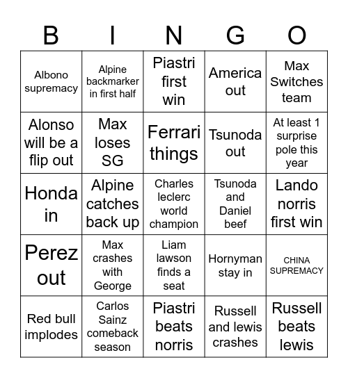 F1 Bingo Card