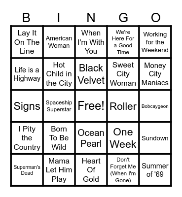 Canadian Rock Classics Bingo Card