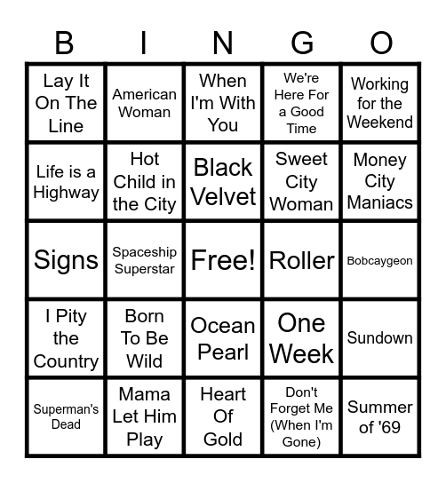 Canadian Rock Classics Bingo Card