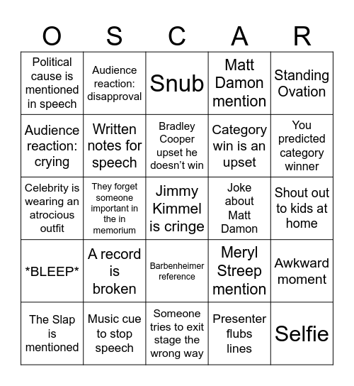 Academy Awards 2024 Bingo Card