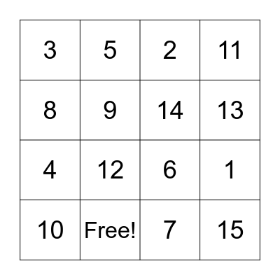 Number Identification Bingo Card