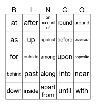 Preposition Bingo Card