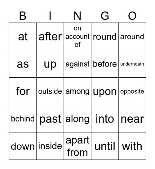 Preposition Bingo Card