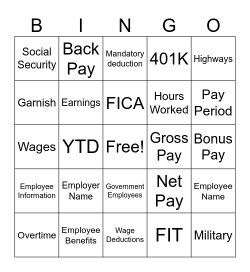 Payroll & Paycheck Bingo Card