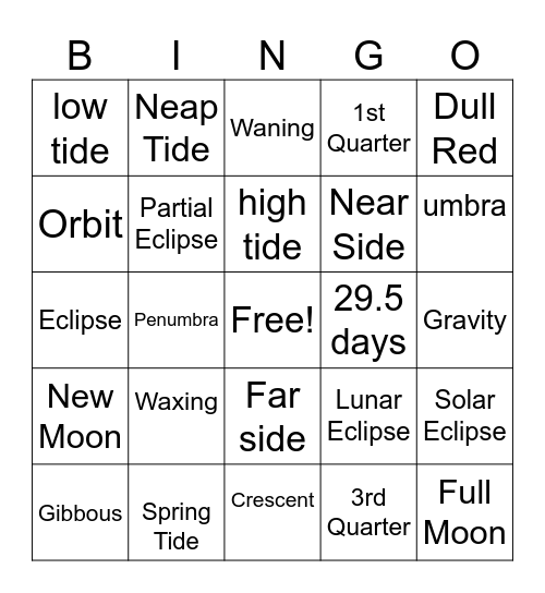 Moon Phases & Eclipses Bingo Card