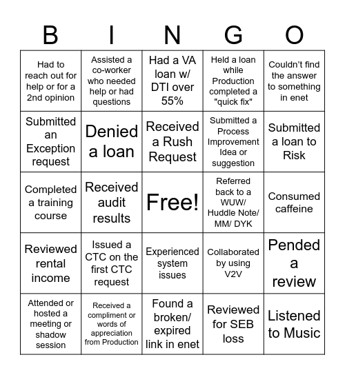 The Life of an Underwriter Bingo Card